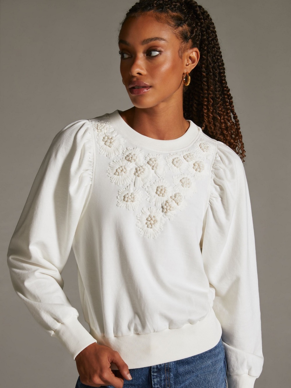 Anthropologie Cream Floral Appliqué Puff-Sleeve Sweatshirt